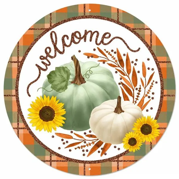 12" Diameter Metal/Glitter Welcome w/Pumpkins Sign: Sage - MD096743