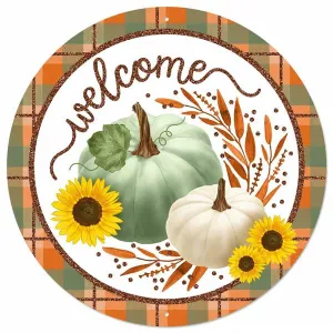 12" Diameter Metal/Glitter Welcome w/Pumpkins Sign: Sage - MD096743