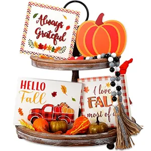 4 Pieces Thanksgiving Fall Block Decor Fall Tiered Tray Wood Decor Thanksgiving Tabletop Block 3D Signs Wood Seasonal Hello Fall Signs Wood Pumpkin Decor Ornament for Thanksgiving Farmhouse Autumn