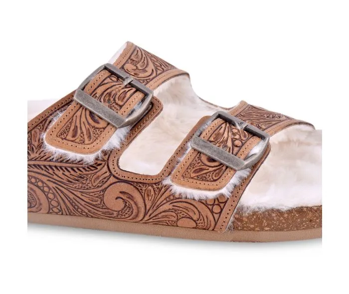 50% Off - MYRA Tooled Leather Fur Sandals
