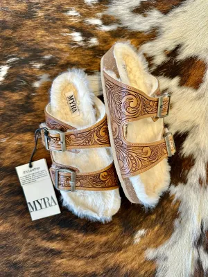 50% Off - MYRA Tooled Leather Fur Sandals