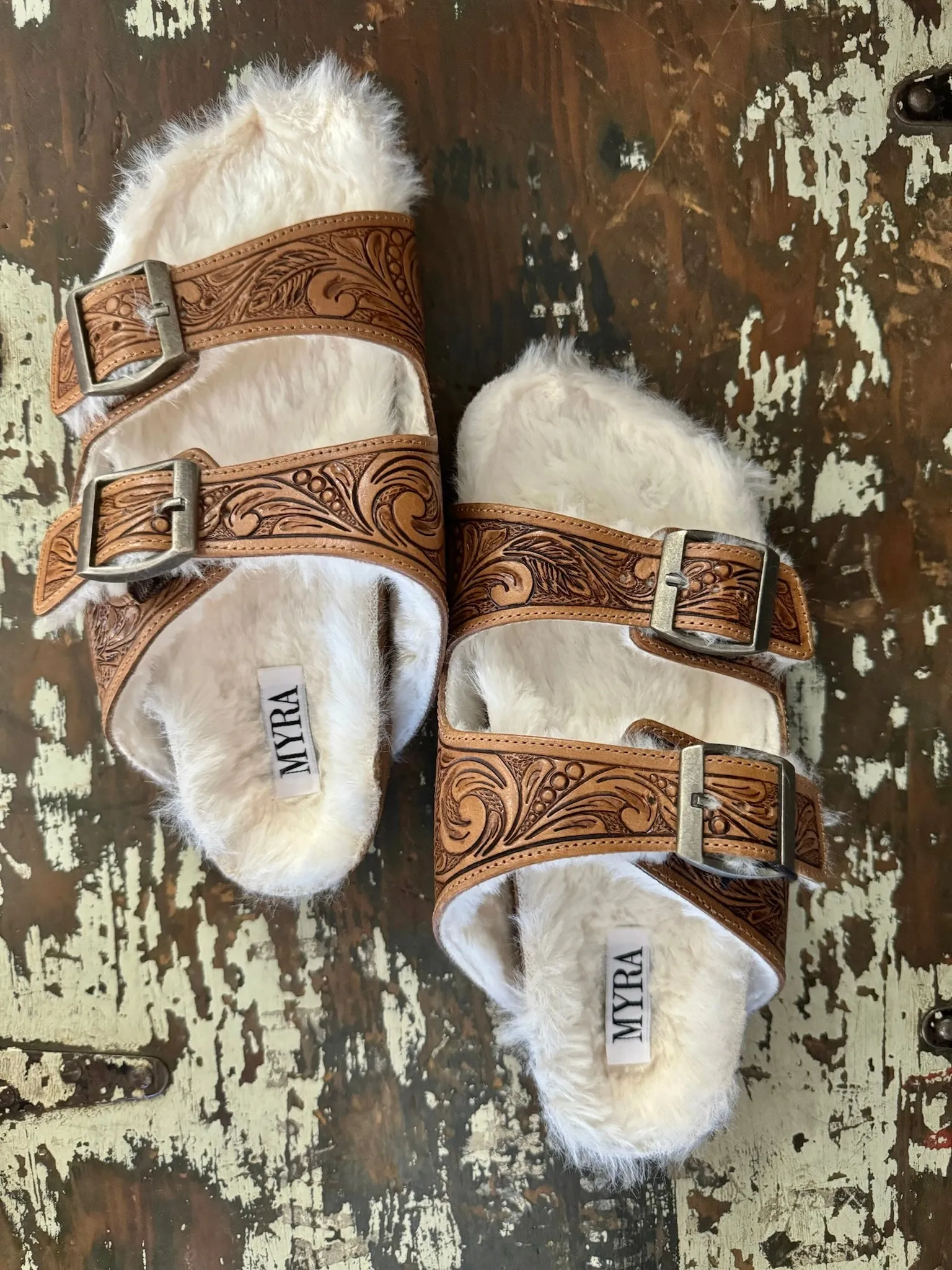 50% Off - MYRA Tooled Leather Fur Sandals