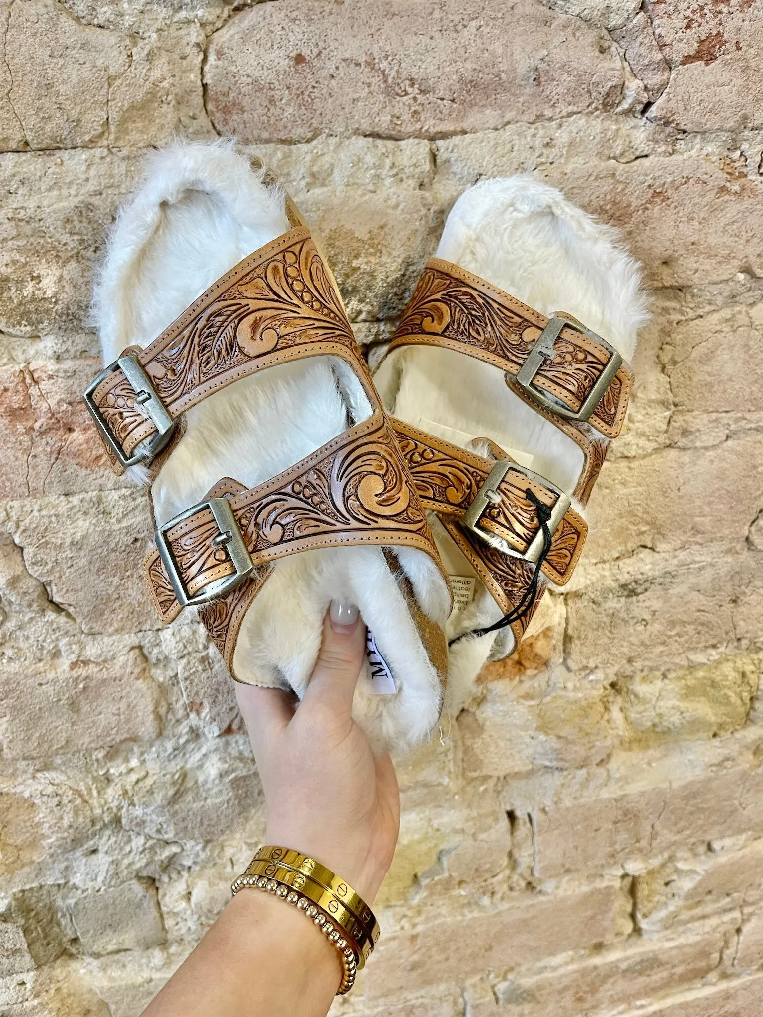 50% Off - MYRA Tooled Leather Fur Sandals