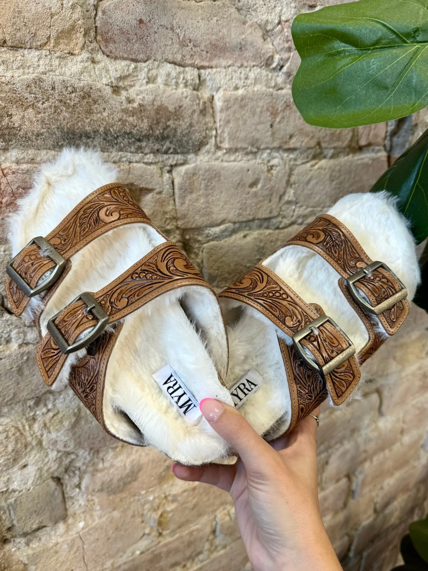 50% Off - MYRA Tooled Leather Fur Sandals