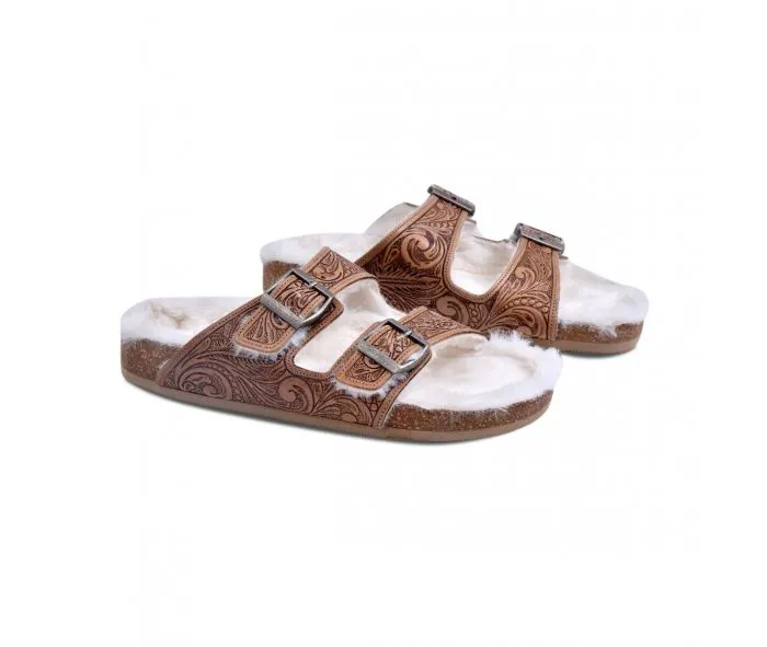 50% Off - MYRA Tooled Leather Fur Sandals