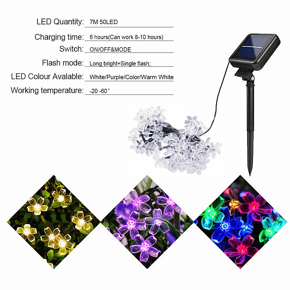 7M Solar LED String Lights Outdoor Waterproof Sakura Flower Fairy Light