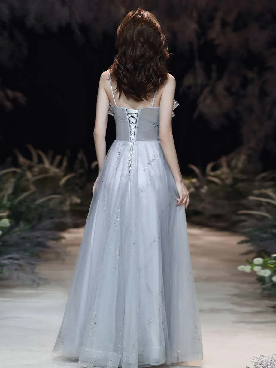 A line tulle lace long prom dress gray tulle lace long evening dress
