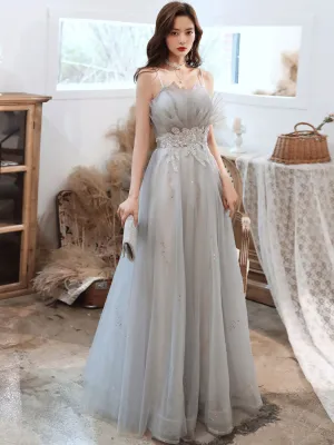 A line tulle lace long prom dress gray tulle lace long evening dress
