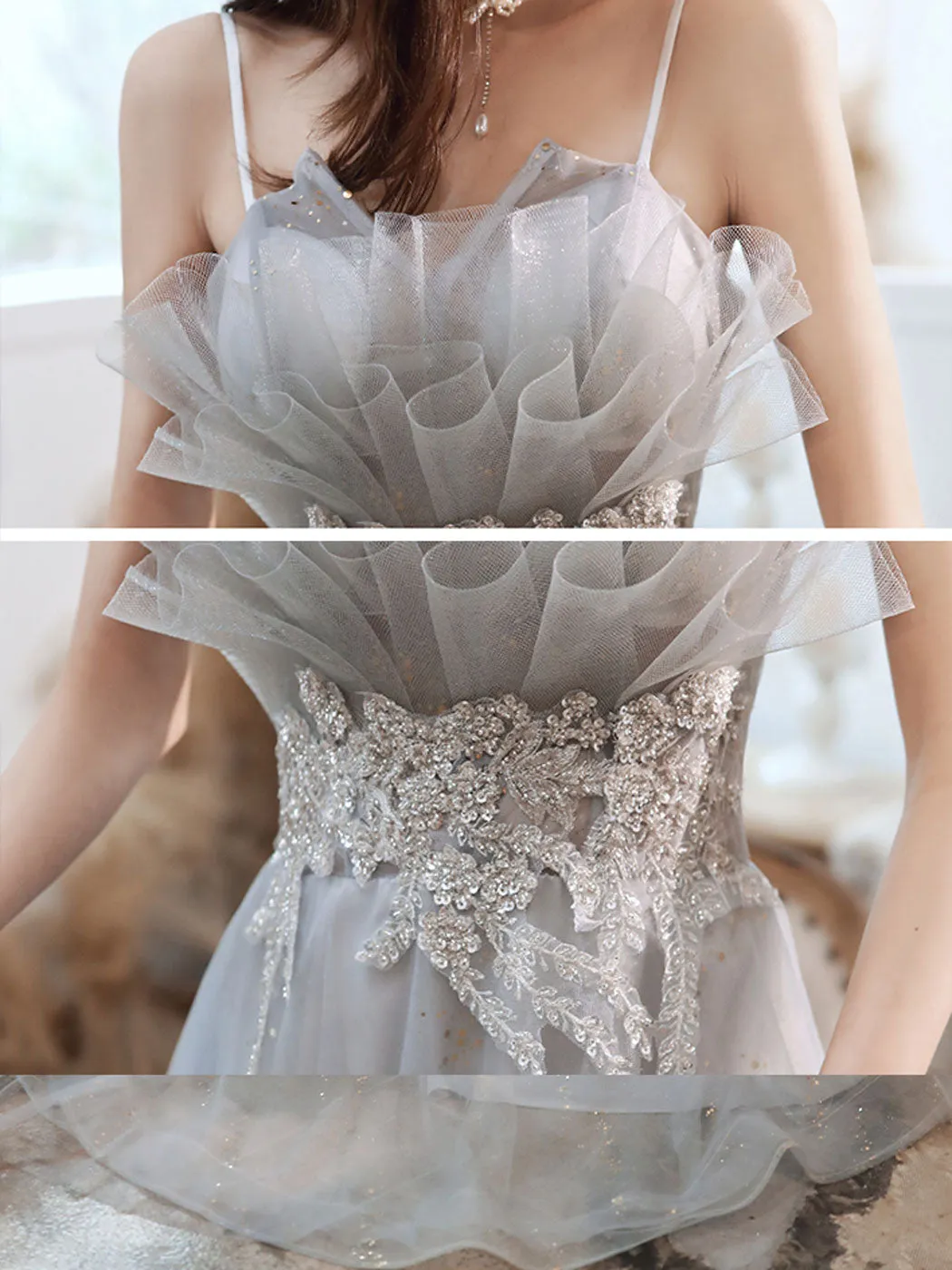 A line tulle lace long prom dress gray tulle lace long evening dress