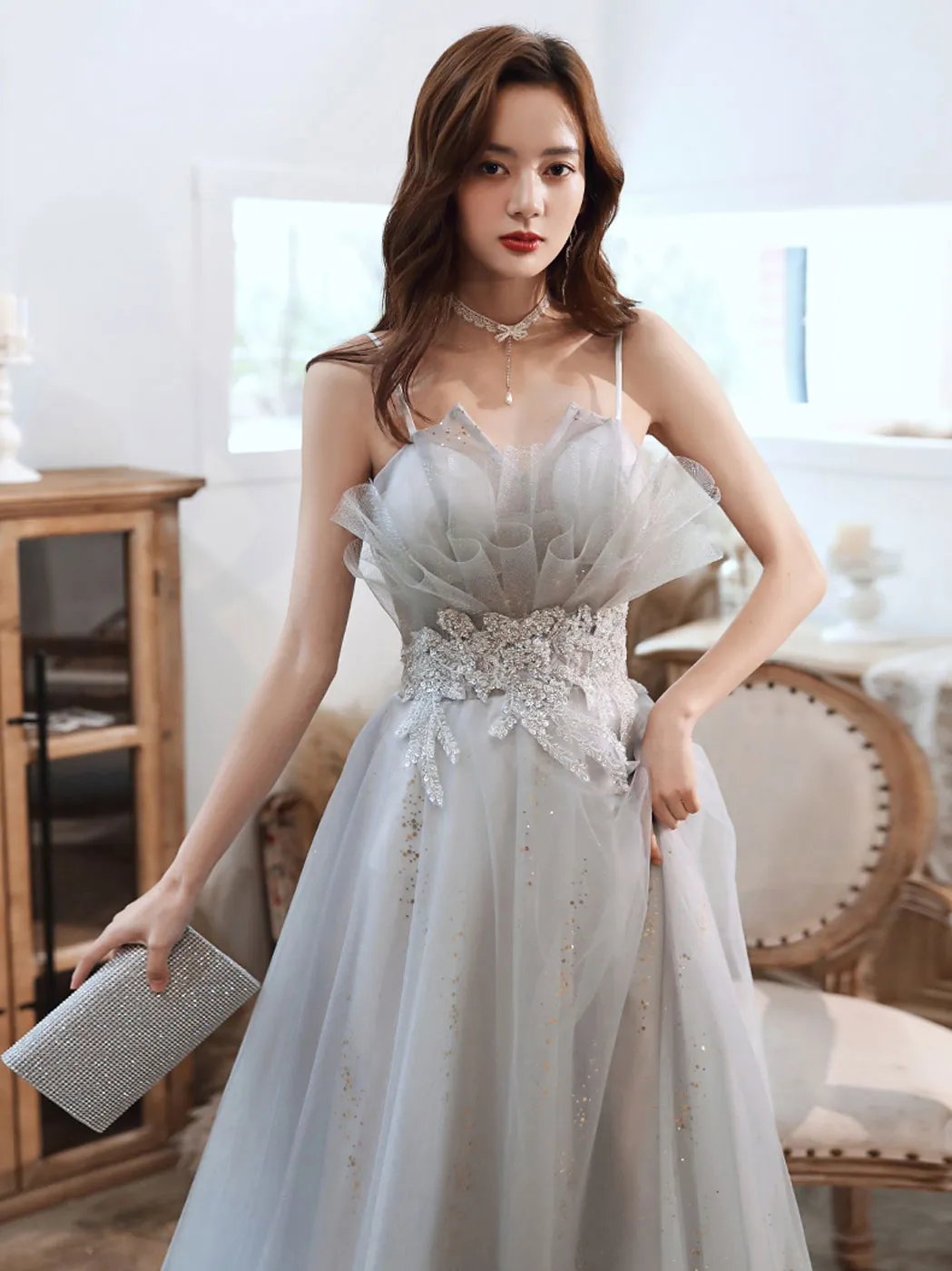 A line tulle lace long prom dress gray tulle lace long evening dress