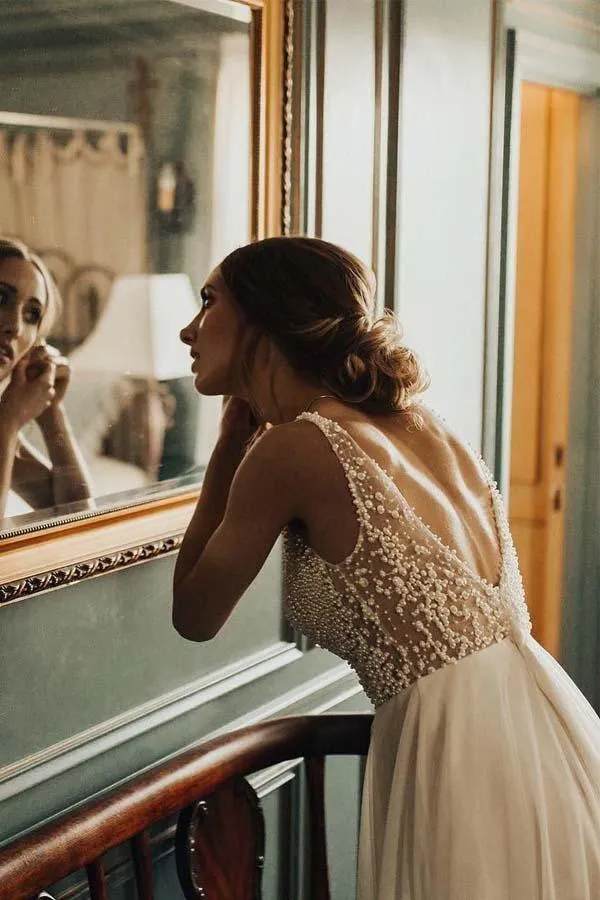 A-Line V-Neck Backless Sweep Train Tulle Sexy Wedding Dress with Pearls TN221