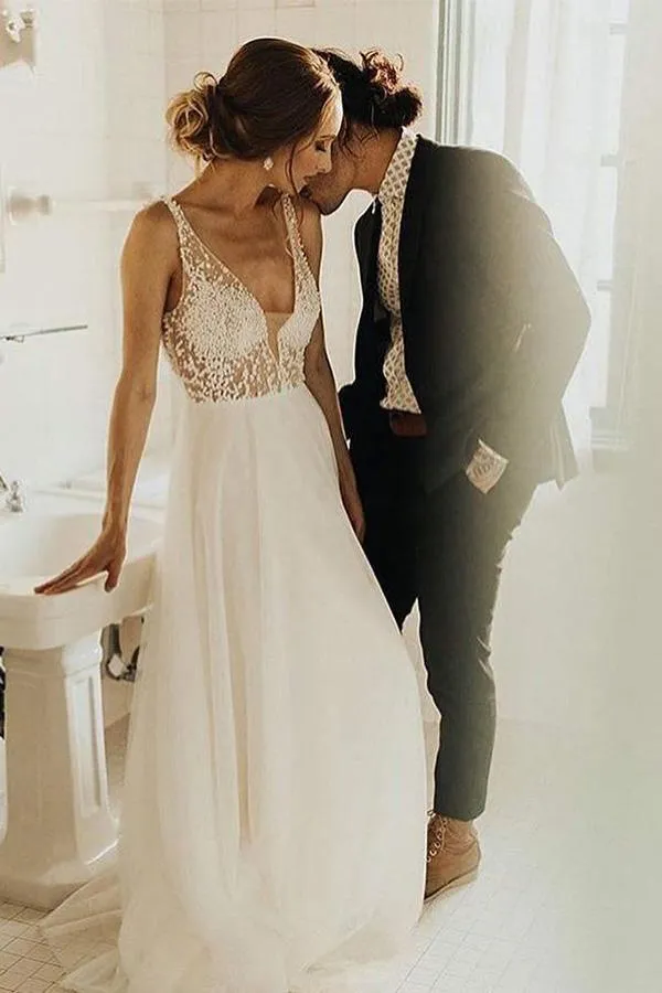 A-Line V-Neck Backless Sweep Train Tulle Sexy Wedding Dress with Pearls TN221