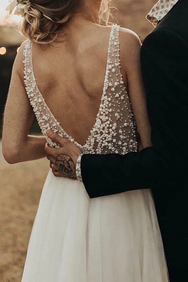A-Line V-Neck Backless Sweep Train Tulle Sexy Wedding Dress with Pearls TN221
