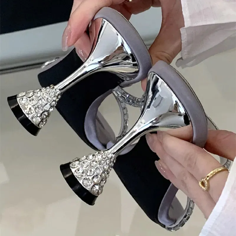 ADVBRIDGE  -  Luxury Rhinestone Open Toe Women Sandals Square Toe Thin Heel Designer Slide Sandals Summer Fashion High Heel Shoes for Woman