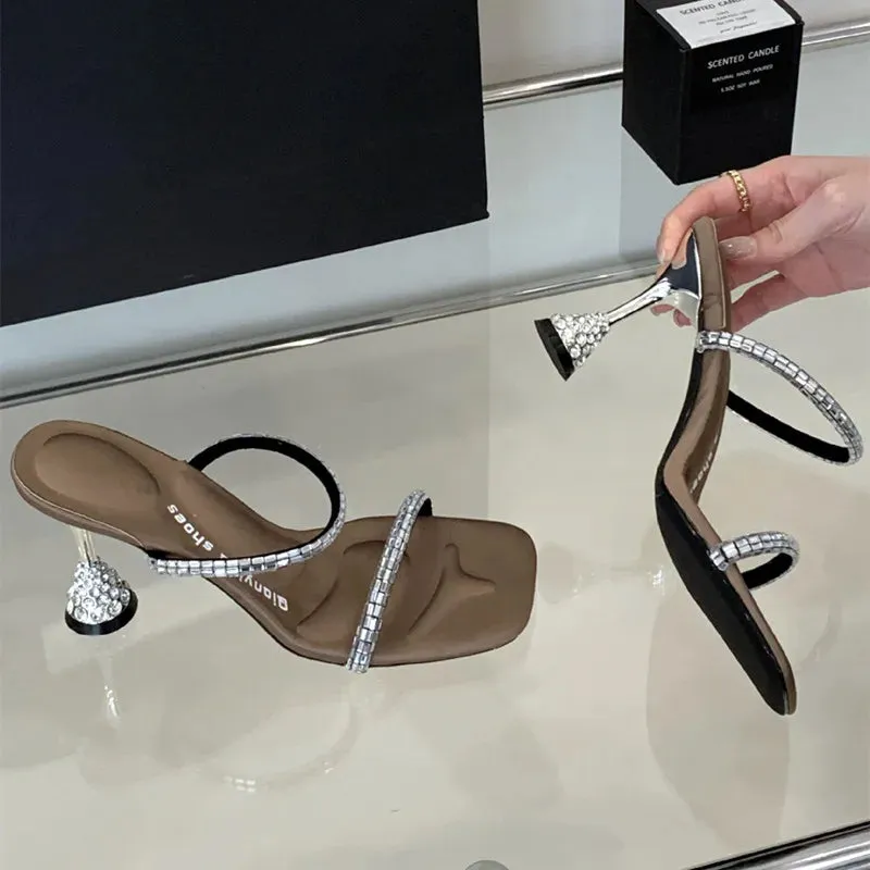 ADVBRIDGE  -  Luxury Rhinestone Open Toe Women Sandals Square Toe Thin Heel Designer Slide Sandals Summer Fashion High Heel Shoes for Woman