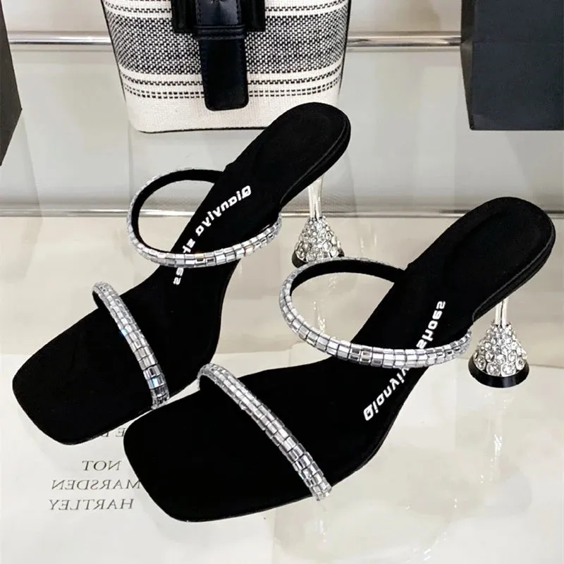 ADVBRIDGE  -  Luxury Rhinestone Open Toe Women Sandals Square Toe Thin Heel Designer Slide Sandals Summer Fashion High Heel Shoes for Woman