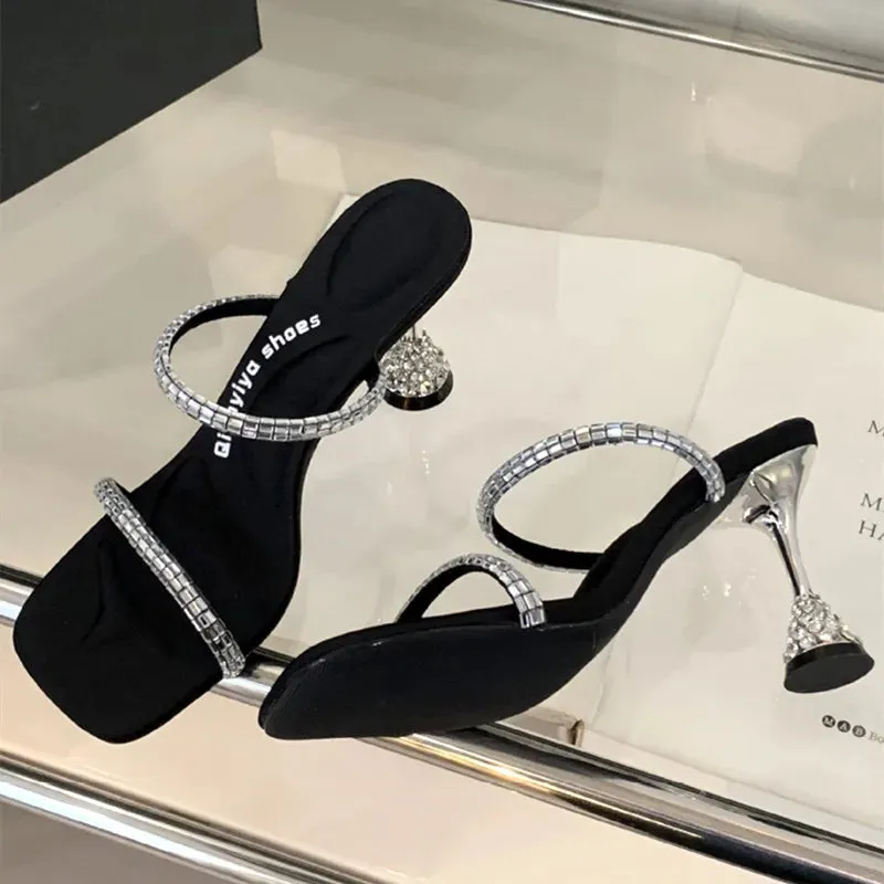 ADVBRIDGE  -  Luxury Rhinestone Open Toe Women Sandals Square Toe Thin Heel Designer Slide Sandals Summer Fashion High Heel Shoes for Woman
