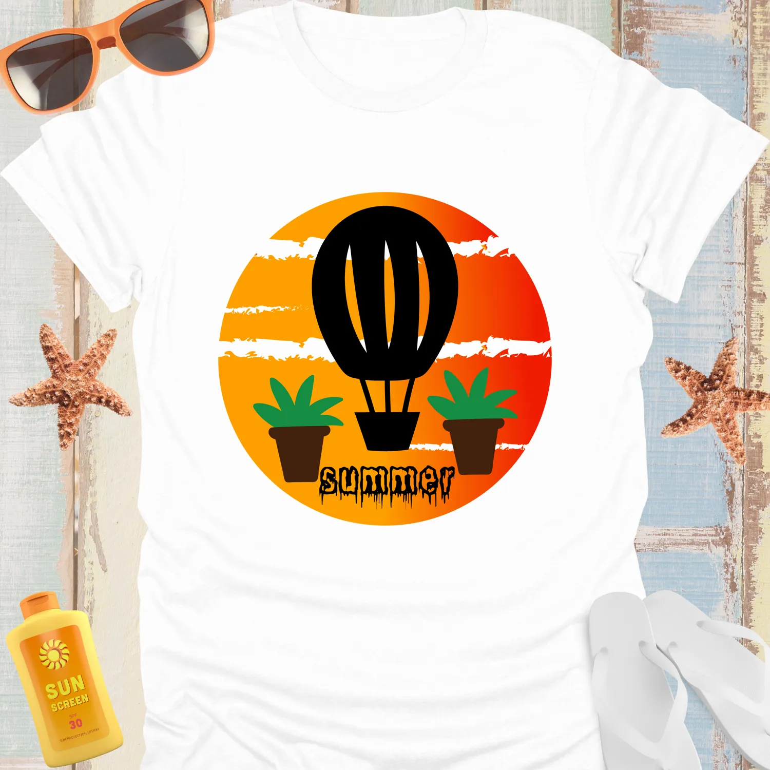 Adventure T-Shirt With Hot Air Balloon Sunset Design