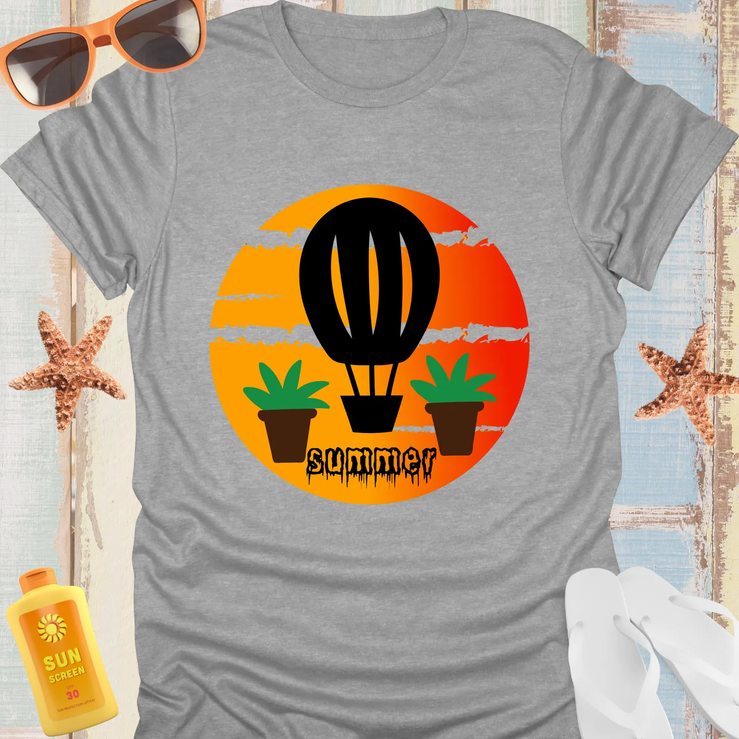Adventure T-Shirt With Hot Air Balloon Sunset Design