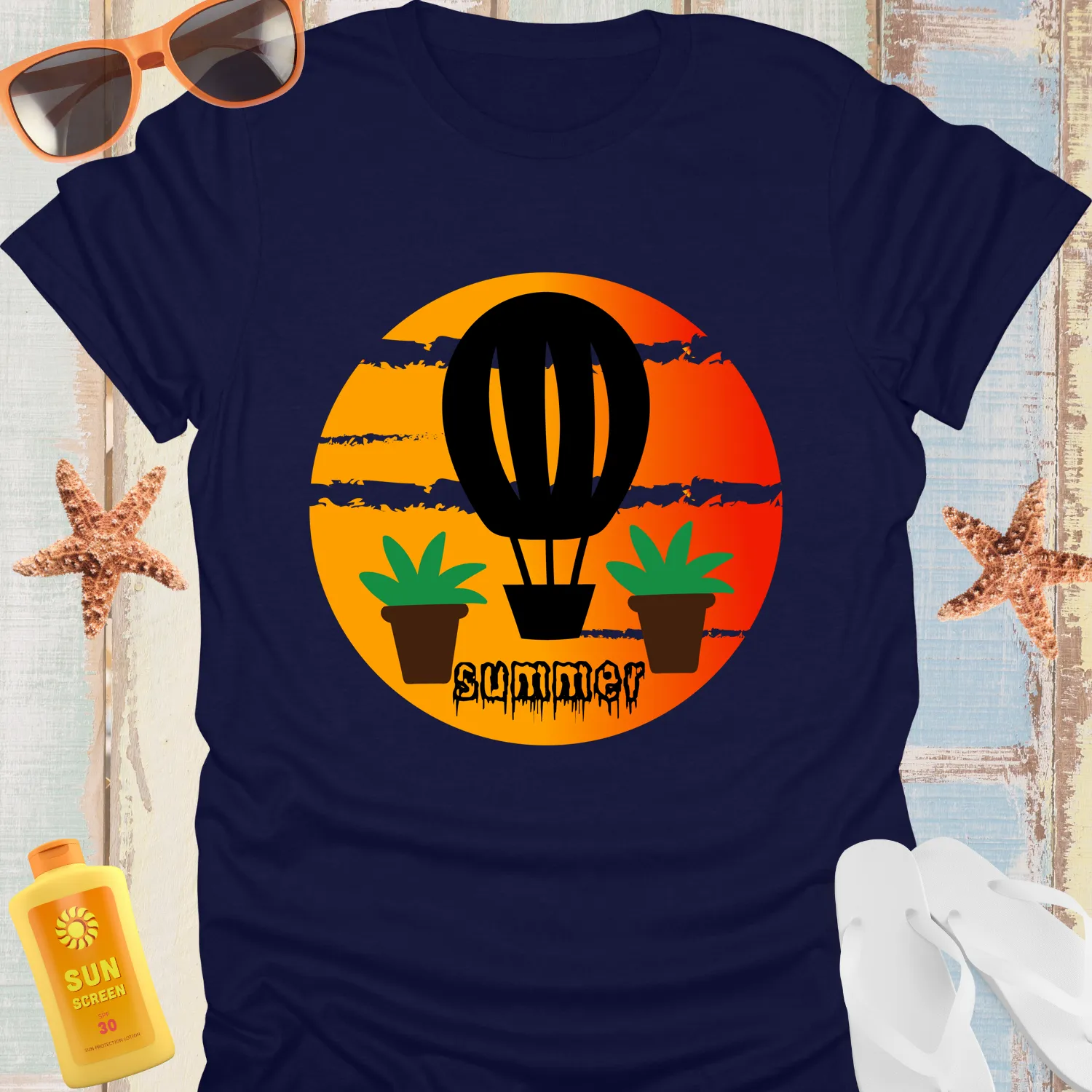 Adventure T-Shirt With Hot Air Balloon Sunset Design