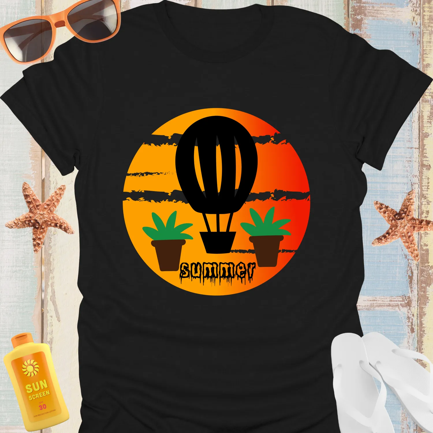 Adventure T-Shirt With Hot Air Balloon Sunset Design