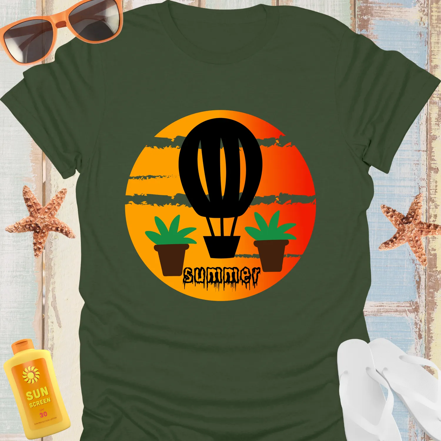 Adventure T-Shirt With Hot Air Balloon Sunset Design