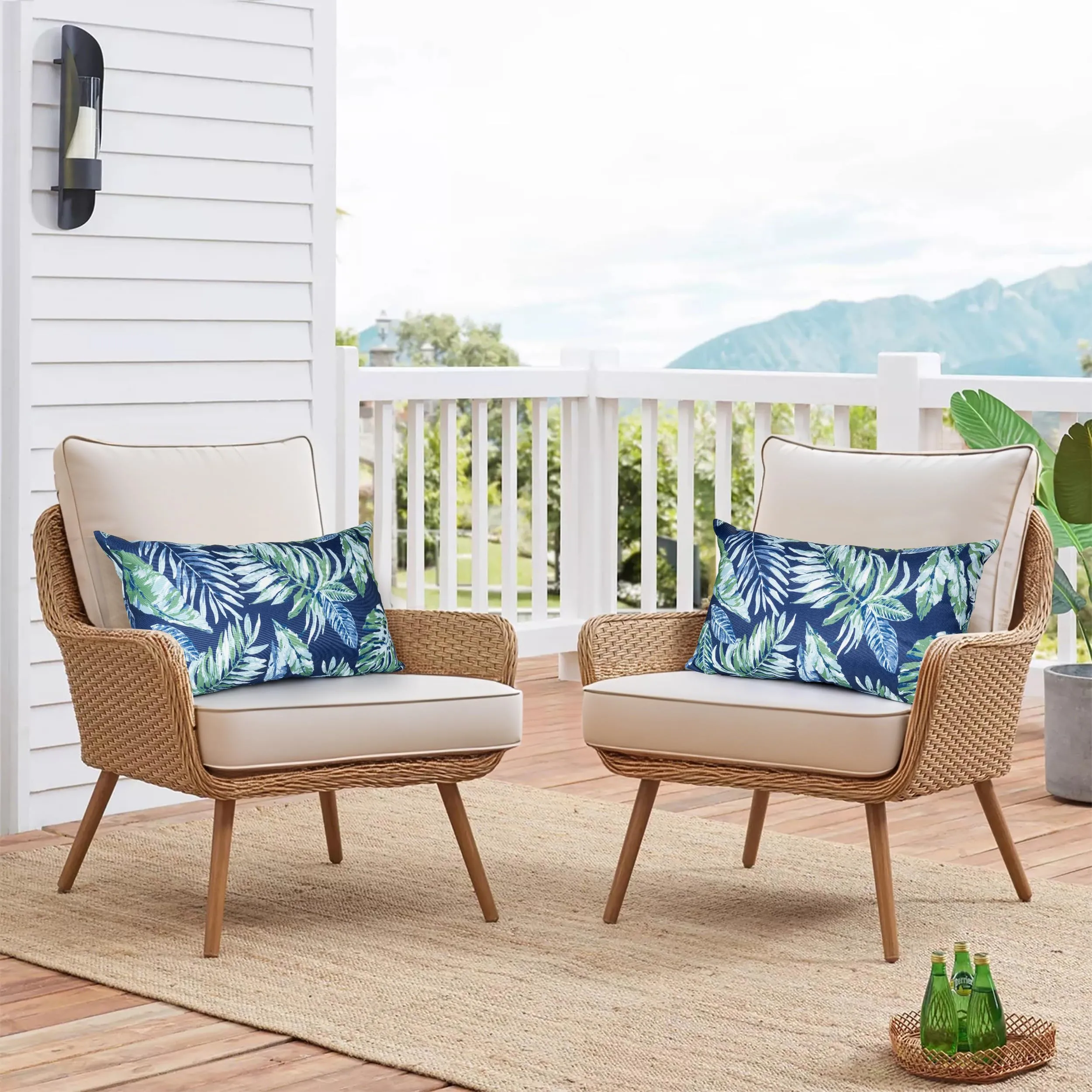 AELS Outdoor Lumbar Pillow Covers 12x20 Inch, Waterproof Decorative Pillow Covers Pack of 2, Water-Resistant Pillow Case for Patio Furniture Tent Garden, Tropical Leaf, Blue Green, Cover ONLY