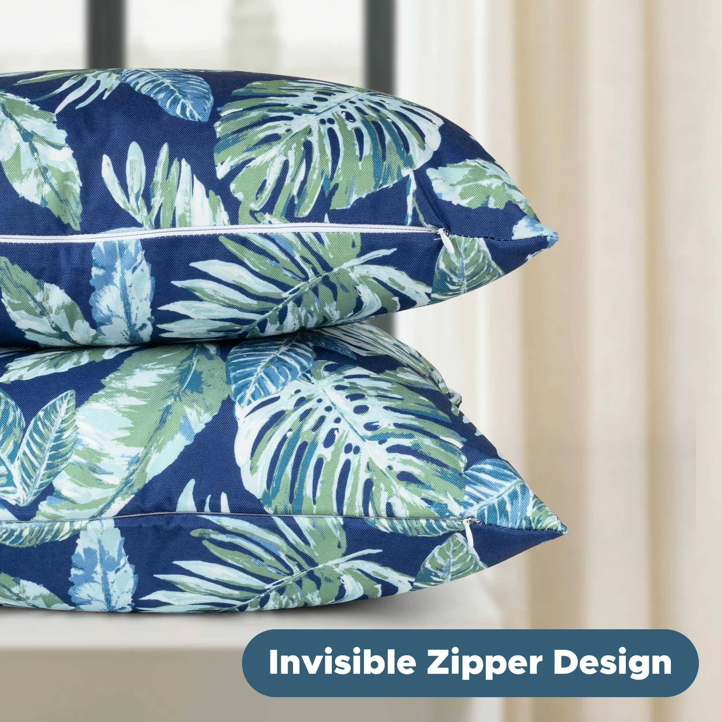 AELS Outdoor Lumbar Pillow Covers 12x20 Inch, Waterproof Decorative Pillow Covers Pack of 2, Water-Resistant Pillow Case for Patio Furniture Tent Garden, Tropical Leaf, Blue Green, Cover ONLY