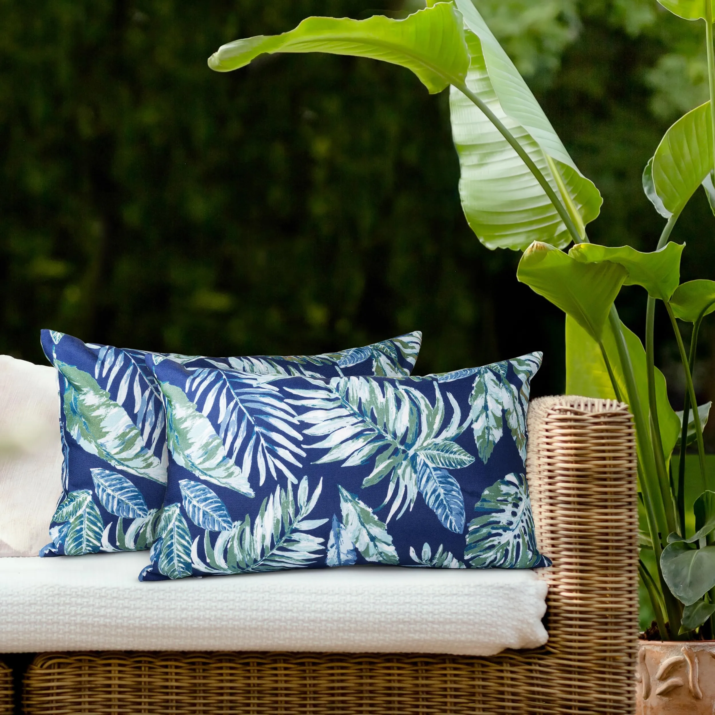 AELS Outdoor Lumbar Pillow Covers 12x20 Inch, Waterproof Decorative Pillow Covers Pack of 2, Water-Resistant Pillow Case for Patio Furniture Tent Garden, Tropical Leaf, Blue Green, Cover ONLY