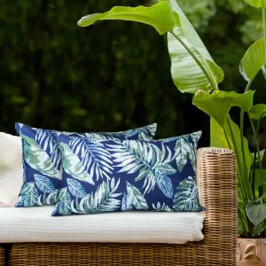 AELS Outdoor Lumbar Pillow Covers 12x20 Inch, Waterproof Decorative Pillow Covers Pack of 2, Water-Resistant Pillow Case for Patio Furniture Tent Garden, Tropical Leaf, Blue Green, Cover ONLY