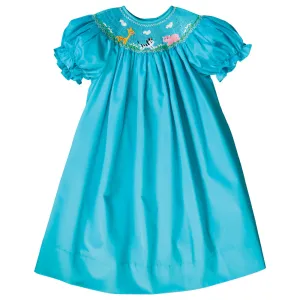 Animals & Flower Field Turquoise Smocked Bishop