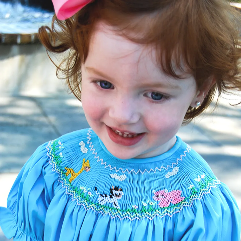 Animals & Flower Field Turquoise Smocked Bishop