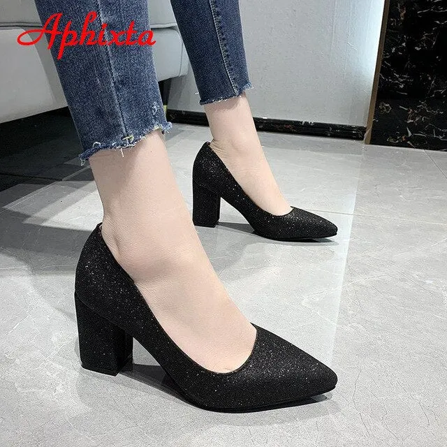 Aphixta Pointed Toe Shoes Women Pumps 7.5cm Career Square Heels Bling Fashion Work Office Party Shoes Super Big Size 49 50