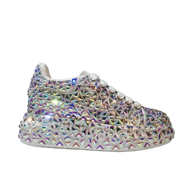 Autumn Spring Leather Women Shoes Fashion Platform Shoes Ins Platforms Sneakers Tide Shine Bling Rhinestone Shoes