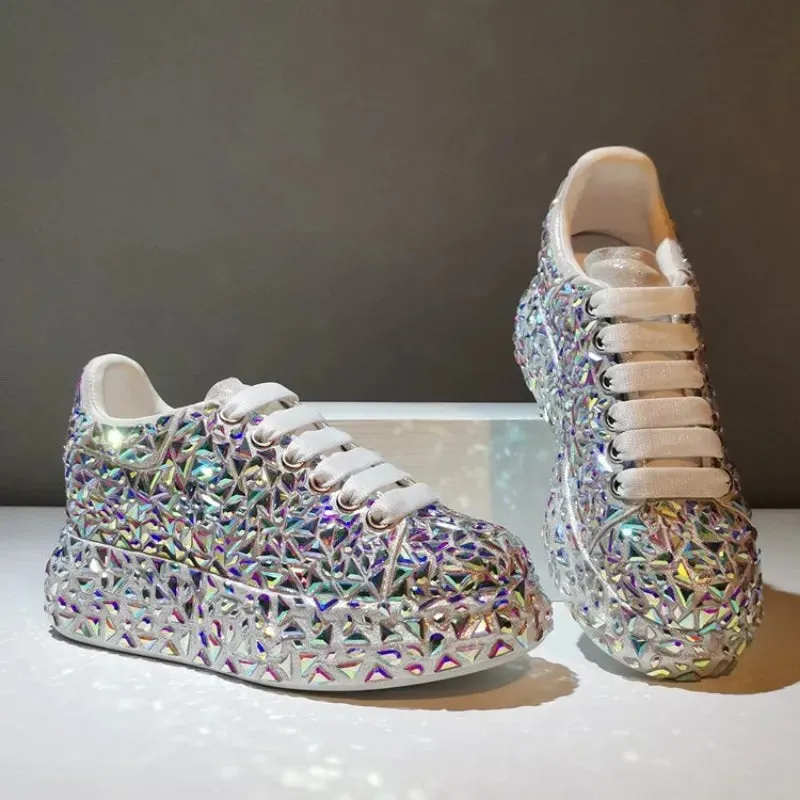 Autumn Spring Leather Women Shoes Fashion Platform Shoes Ins Platforms Sneakers Tide Shine Bling Rhinestone Shoes
