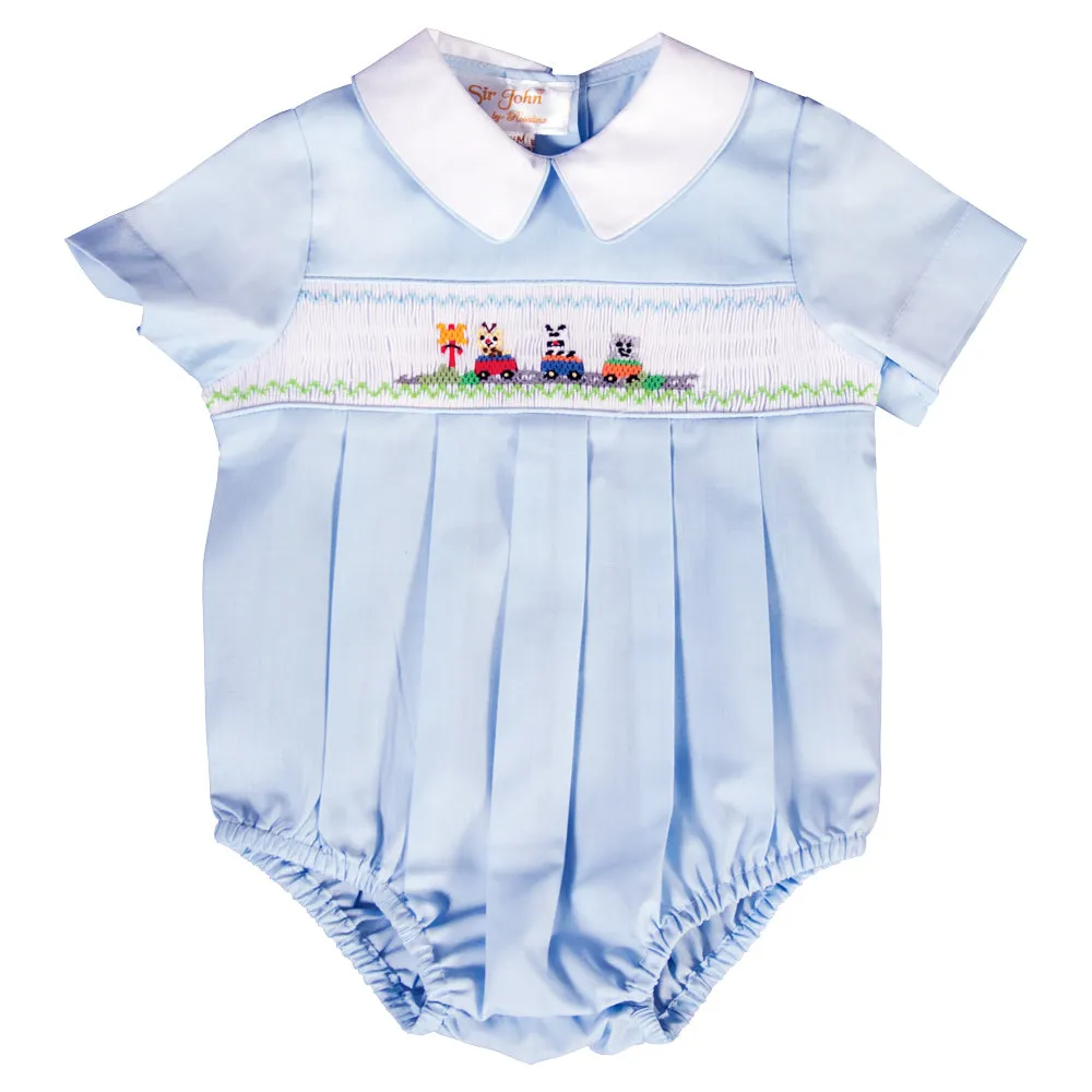 Baby Animal Train Crossing Lt. Blue Smocked Boy Bubble