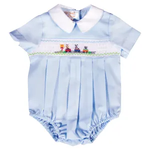 Baby Animal Train Crossing Lt. Blue Smocked Boy Bubble