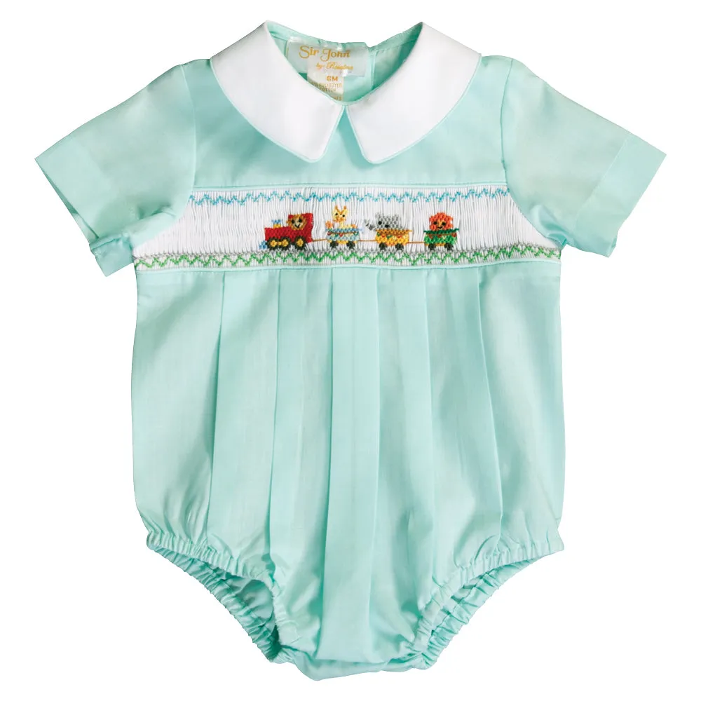 Baby Animal Train Smocked Lt. Turquoise Boy Bubble