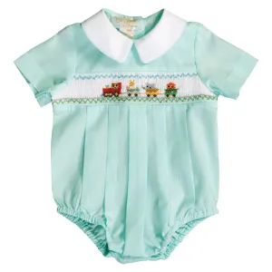 Baby Animal Train Smocked Lt. Turquoise Boy Bubble