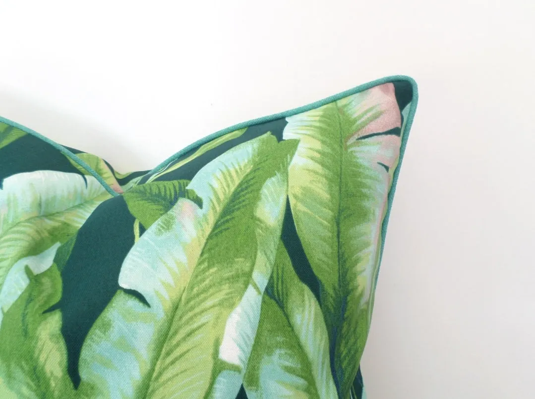 Banana Palm Print Throw Pillow - Blue w/ Aqua Piping - Various Sizes