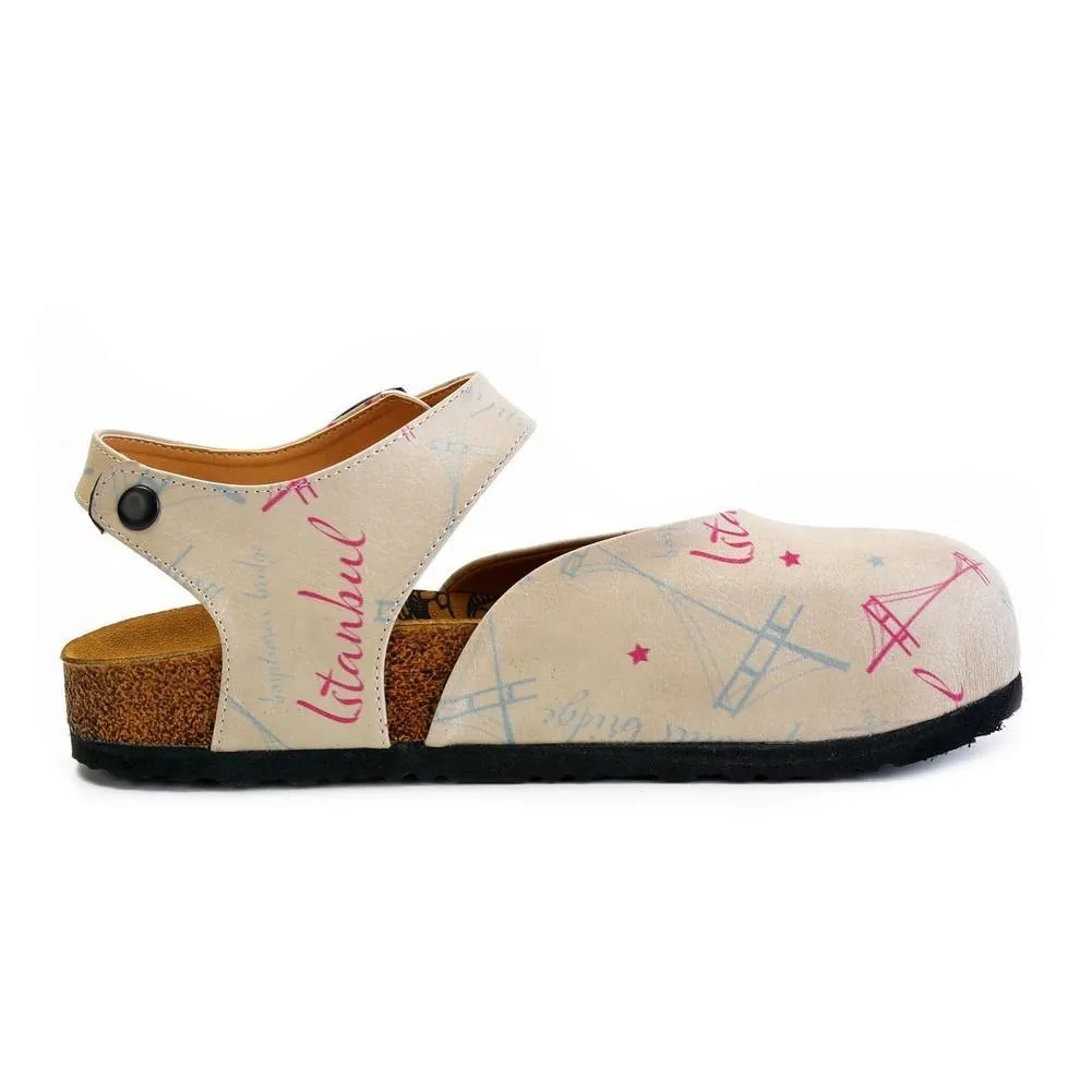 Beige, Blue, Red Sail and Bridge Color, Istanbul Written Patterned Clogs - CAL1607