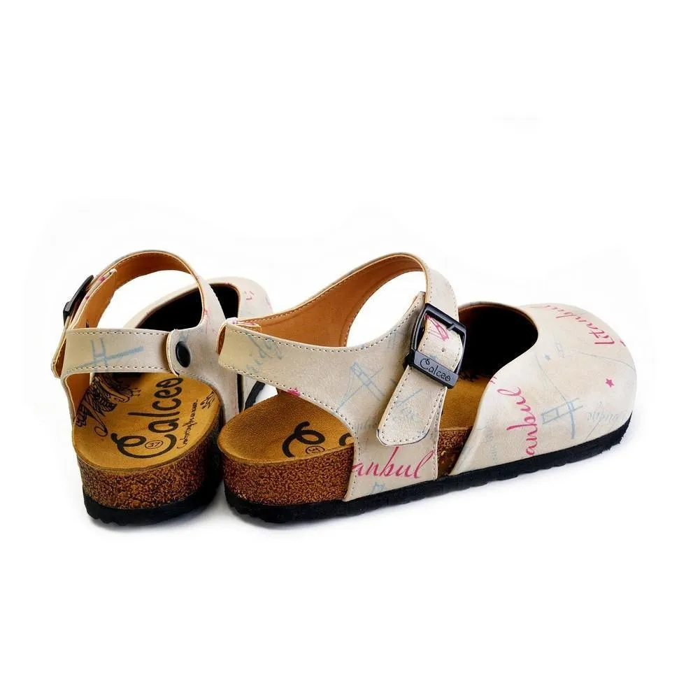 Beige, Blue, Red Sail and Bridge Color, Istanbul Written Patterned Clogs - CAL1607