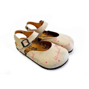 Beige, Blue, Red Sail and Bridge Color, Istanbul Written Patterned Clogs - CAL1607
