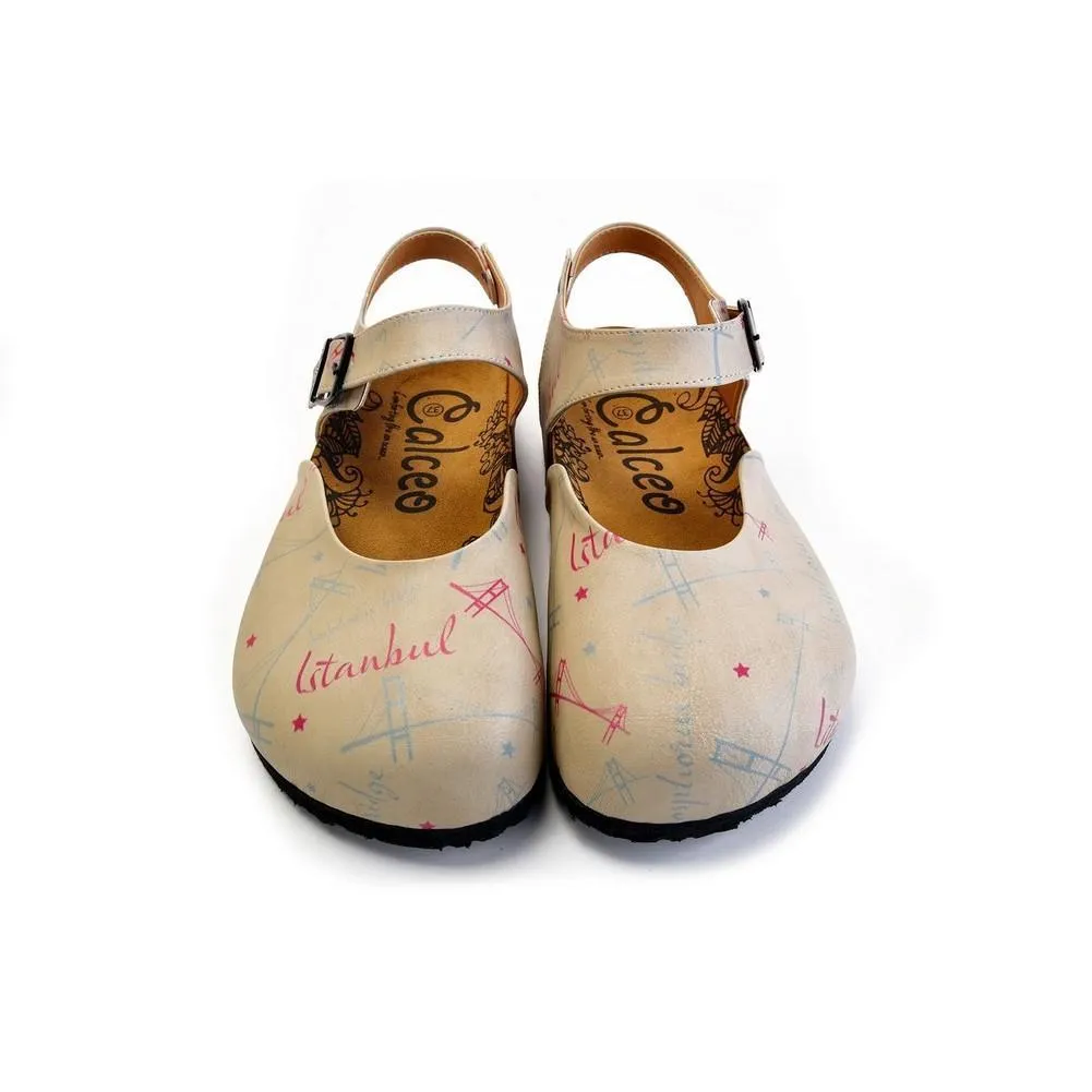 Beige, Blue, Red Sail and Bridge Color, Istanbul Written Patterned Clogs - CAL1607