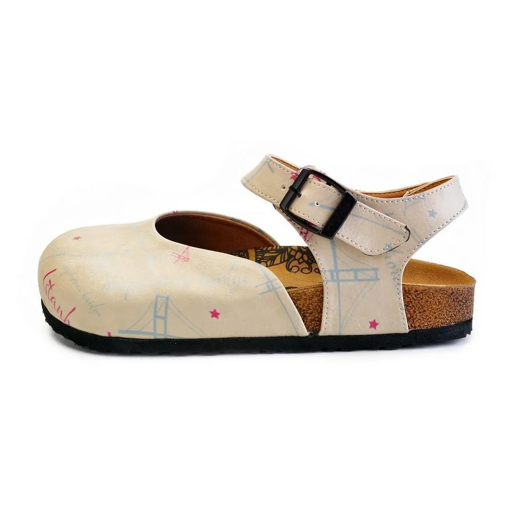 Beige, Blue, Red Sail and Bridge Color, Istanbul Written Patterned Clogs - CAL1607