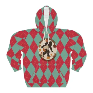 Bigfoot in Fall Leaves Plaid Unisex Pullover Hoodie (AOP) - World Champion Hide and Seek Player