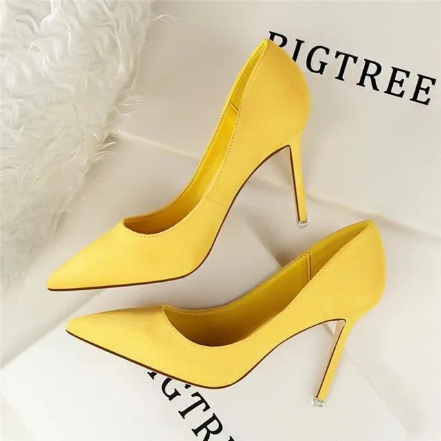 BIGTREE Solid Flock Shallow High Heels Woman Shoes Pointed Toe Office Work Shoes For Women 9 Colors Ladies Concise Pumps