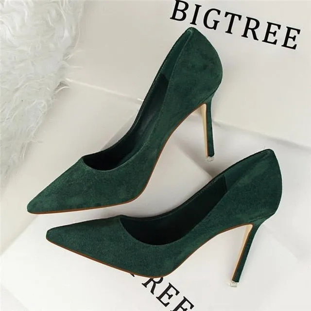 BIGTREE Solid Flock Shallow High Heels Woman Shoes Pointed Toe Office Work Shoes For Women 9 Colors Ladies Concise Pumps
