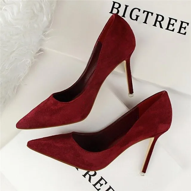 BIGTREE Solid Flock Shallow High Heels Woman Shoes Pointed Toe Office Work Shoes For Women 9 Colors Ladies Concise Pumps