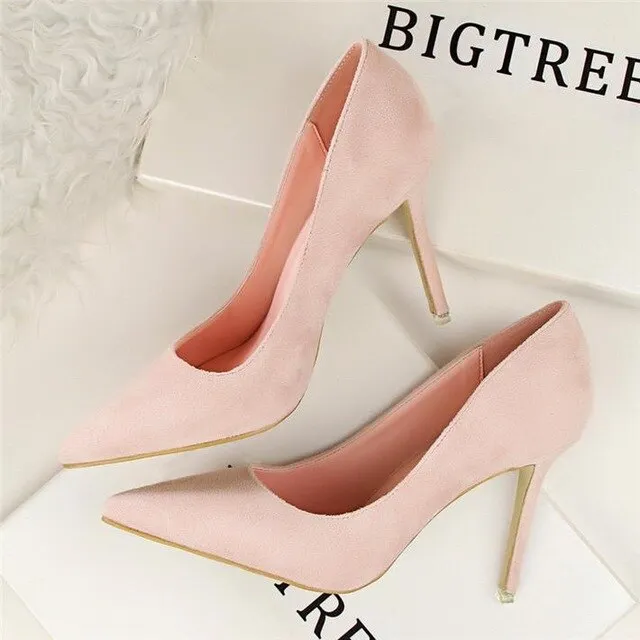 BIGTREE Solid Flock Shallow High Heels Woman Shoes Pointed Toe Office Work Shoes For Women 9 Colors Ladies Concise Pumps